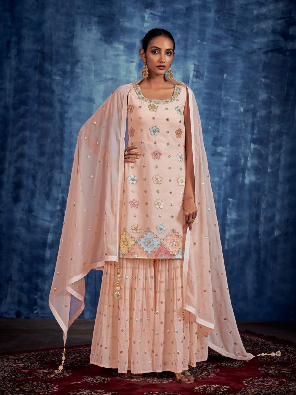 Pure Georgette Party Wear Sharara In Peach With Embroidery Work 