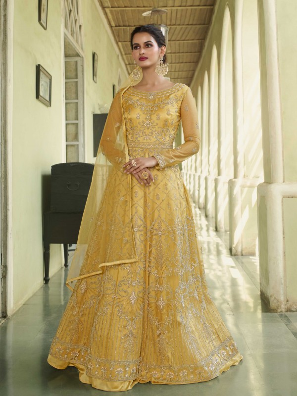 Soft Butterfly Net Party Wear Gown Yellow Color with  Embroidery Work