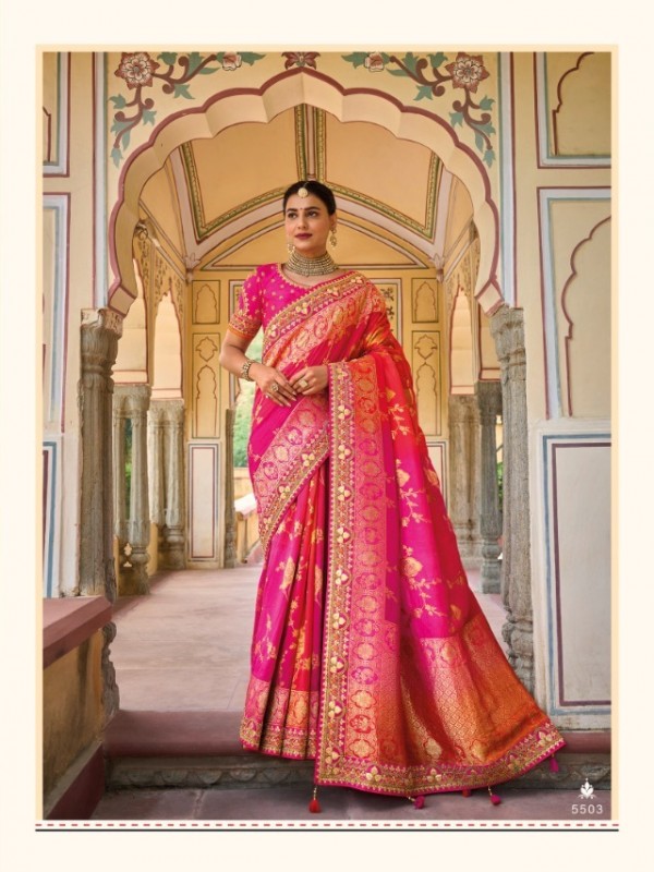 Pure Banarasi Silk Saree In Orange & Pink Color With Embroidery Work