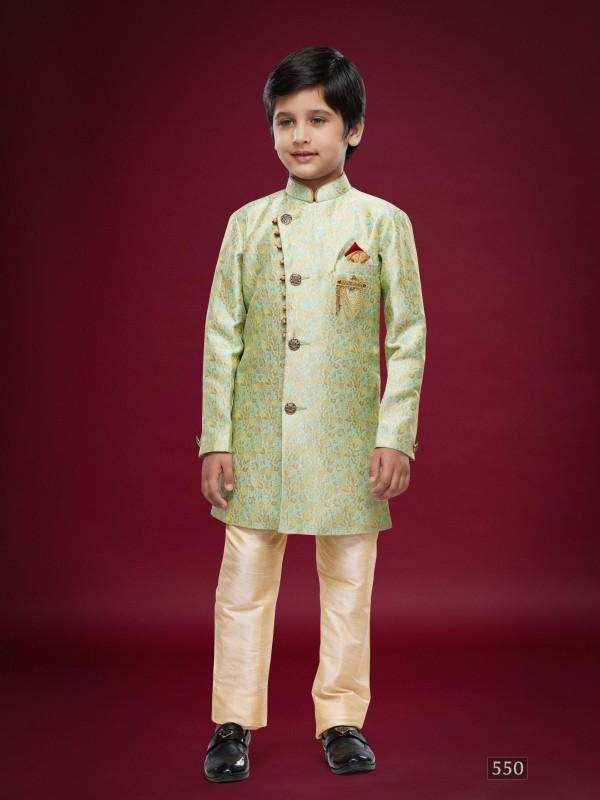 Banarasi Jacqard Silk Readymade Kids Indowestern in Pista Green Color  
