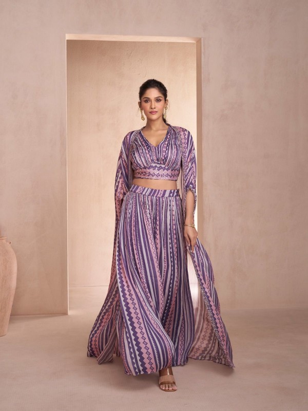Georgette Fabrics Party Wear 3 Peace Set  In Purple Color With Embroidery Work
