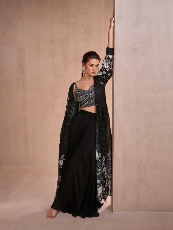 Georgette Fabrics Party Wear 3 Peace Set  In Black Color With Embroidery Work
