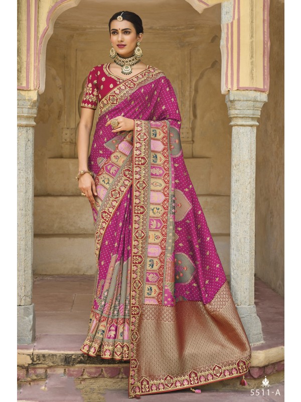 Pure Banarasi Silk Saree In Magenta Color With Embroidery Work