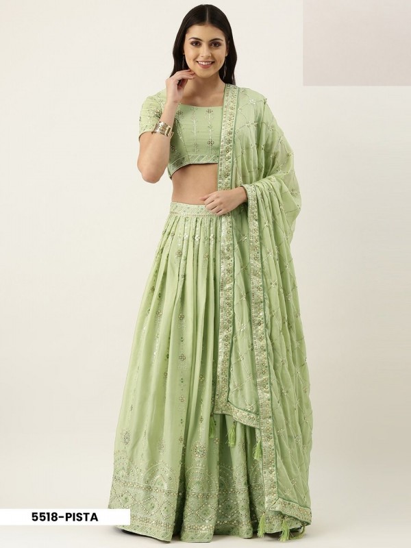 Pure Geogratte Party Wear Wear Lehenga In Light Green With Embroidery Work 