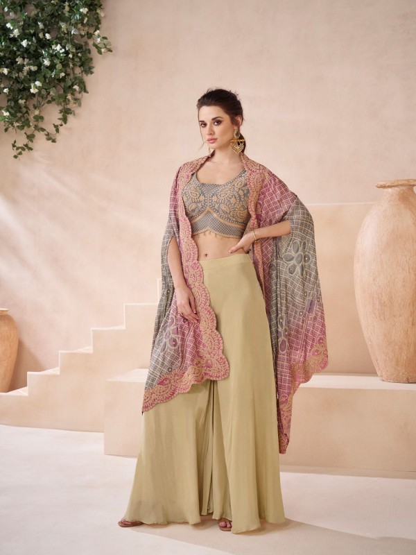 Georgette  Fabrics Party Wear 3 Peace Set  In Beige Color With Embroidery Work