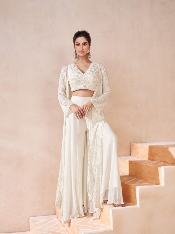 Georgette  Fabrics Party Wear 3 Peace Set  In White Color With Embroidery Work