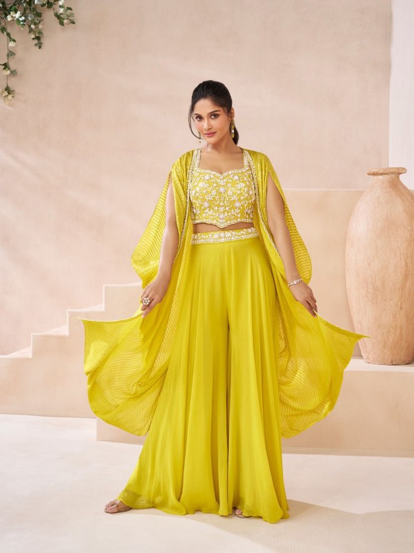 Georgette  Fabrics Party Wear 3 Peace Set  In Yellow Color With Embroidery Work