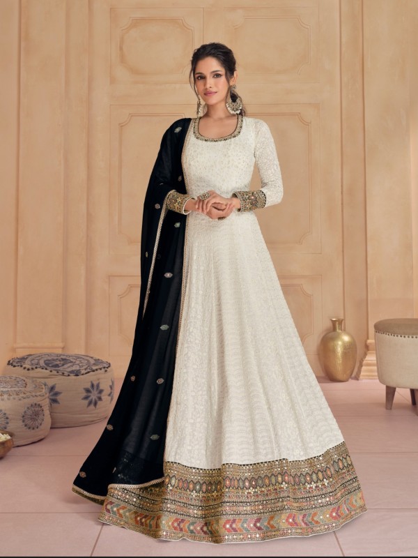 Real Georgette Party Wear Gown Off White Color Color with Embroidery Work