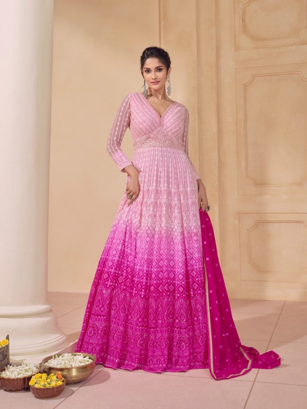 Real Georgette Party Wear Gown Pink Color Color with Embroidery Work