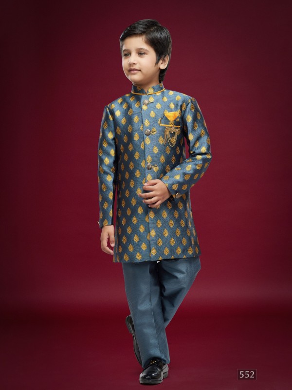 Banarasi Jacqard Silk Readymade Kids Indowestern in Dark Grey Color  