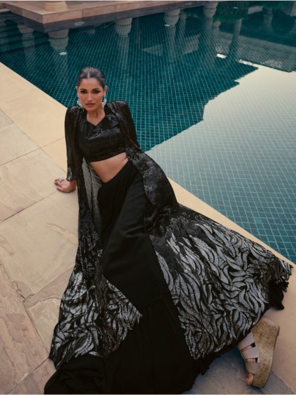 Pure Chinon Silk Fabrics Party Wear 3 Peace Set In Black Color With Embroidery Work