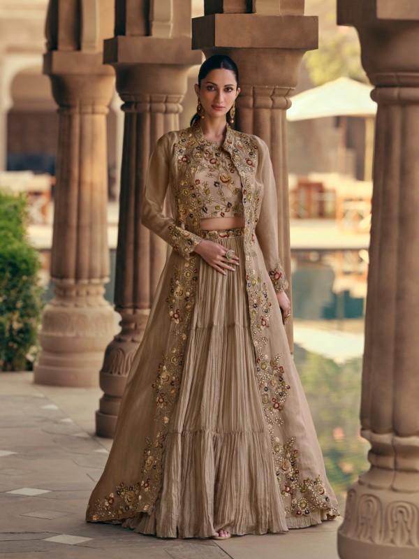 Pure Chinon Silk Fabrics Party Wear 3 Peace Set In Cream Color With Embroidery Work
