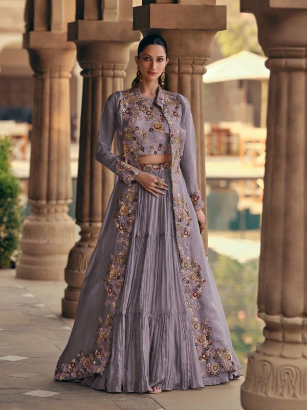 Pure Chinnon Silk Party Wear 3 Pcs Suit Lavender Color with Embroidery Work