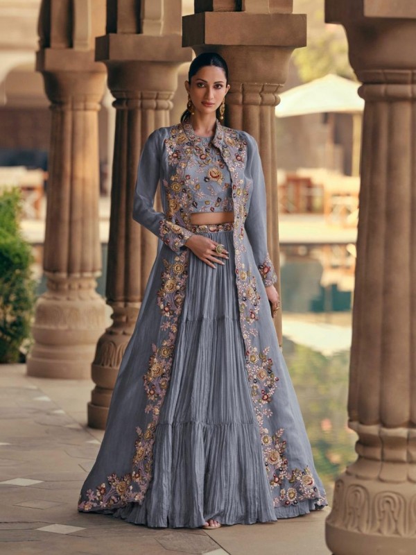 Pure Chinnon Silk Party Wear 3 Pcs Suit Sky Blue Color with Embroidery Work