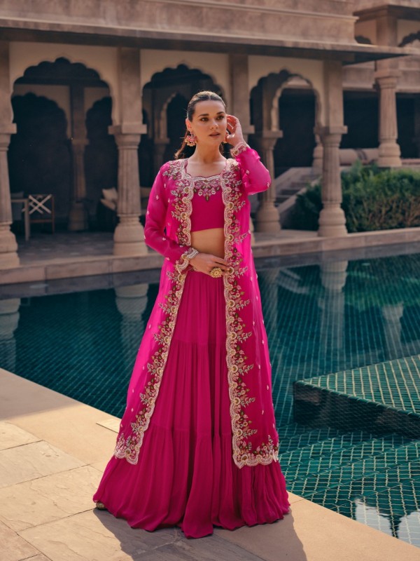 Pure Chinon Silk Fabrics Party Wear 3 Peace Set In Pink Color With Embroidery Work