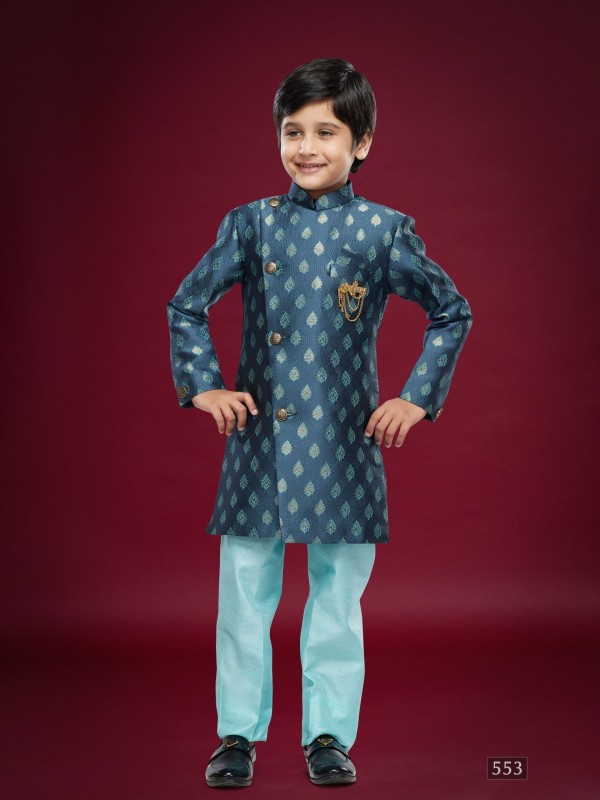 Banarasi Jacqard Silk Readymade Kids Indowestern in Blue Color  