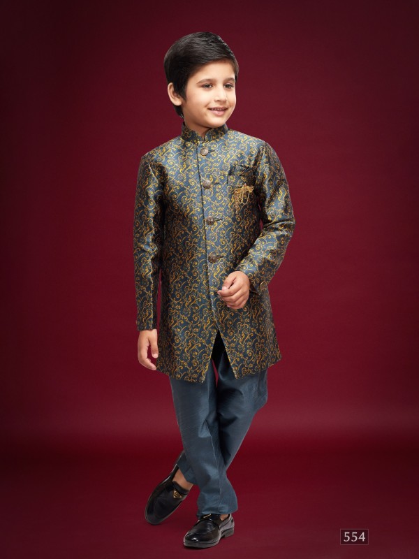 Banarasi Jacqard Silk Readymade Kids Indowestern in Dark Grey Color  