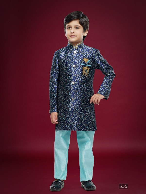 Banarasi Jacqard Silk Readymade Kids Indowestern in Blue Color  