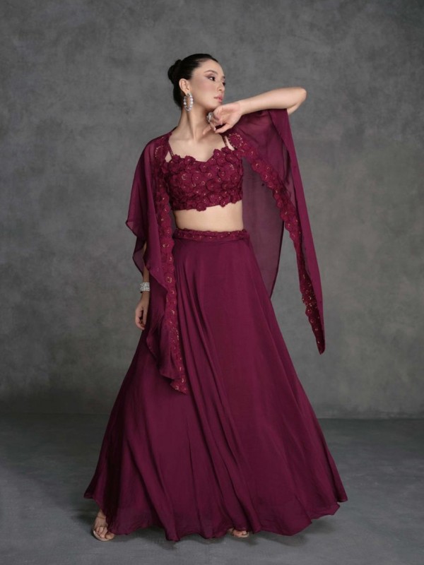 Pure Georgette Silk Fabrics Party Wear 3 Peace Set In Burgundy Color With Embroidery Work