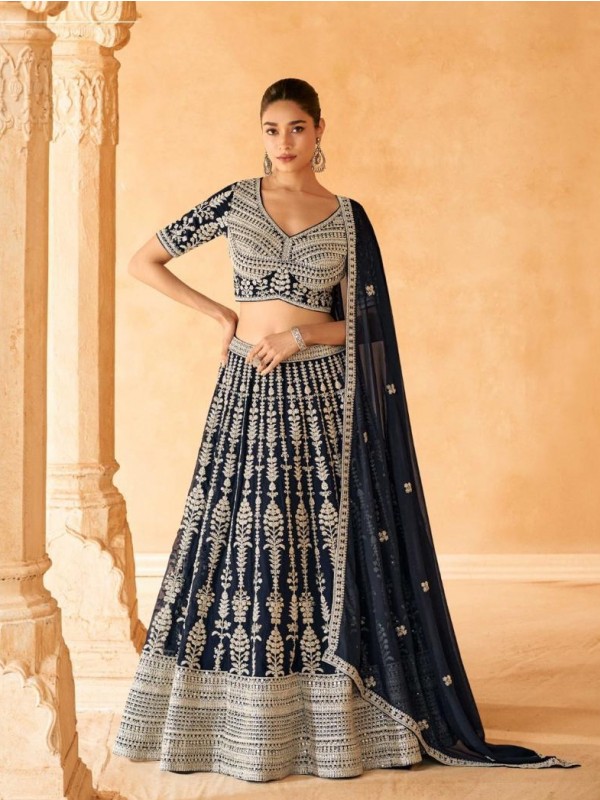 Pure Georgette Party Wear Lehenga In Dark Blue Color With Embroidery Work