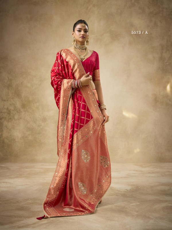 Fancy Silk Fabric Party wear Saree In Red Color with Swaroskvi Work 