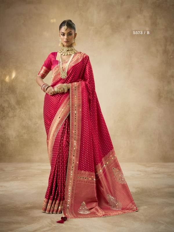 Fancy Silk Fabric Party wear Saree In Red Color with Swaroskvi Work 