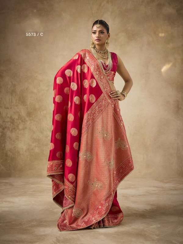 Fancy Silk Fabric Party wear Saree In Red Color with Swaroskvi Work 