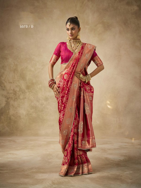 Fancy Silk Fabric Party wear Saree In Red Color with Swaroskvi Work 