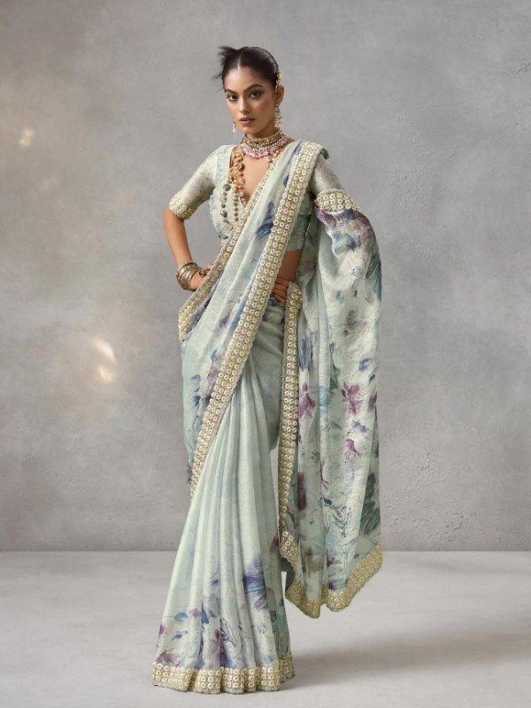 Pure Satin Party wear Saree In Sky Blue Color with Swaroskvi Work 
