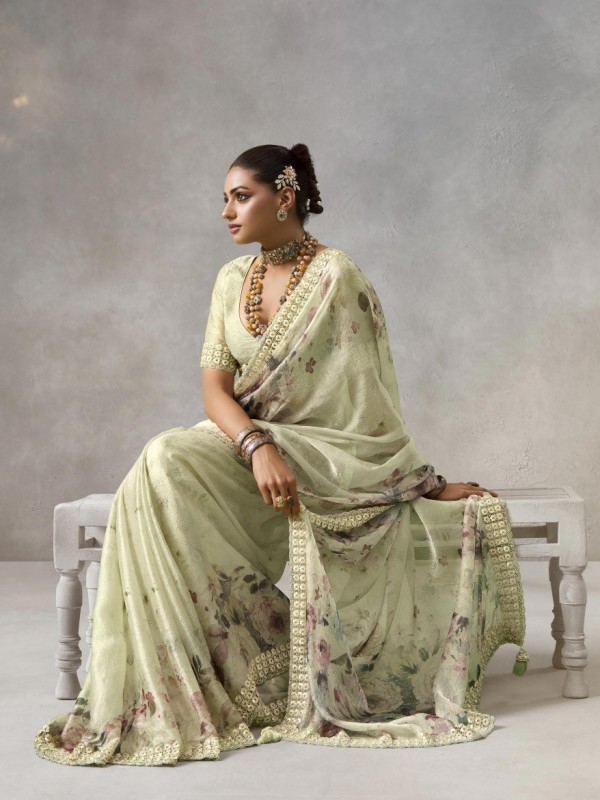 Pure Satin Party wear Saree In Lime Green Color with Swaroskvi Work 