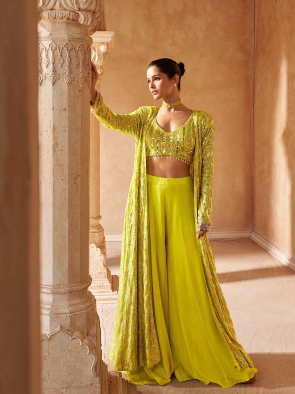 Pure Georgette Fabrics Party Wear 3 Peace Set In Yellow Color With Embroidery Work
