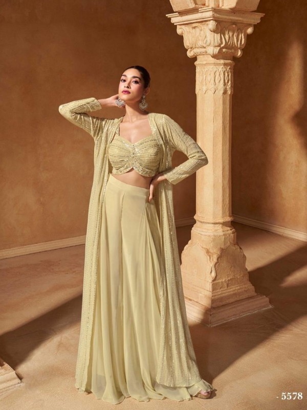 Pure Georgette Fabrics Party Wear 3 Peace Set In Cream Color With Embroidery Work