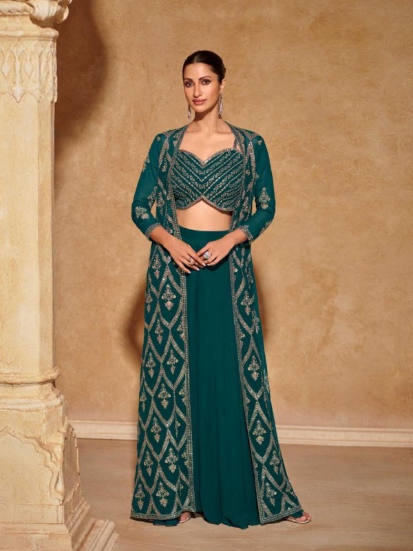 Pure Georgette Fabrics Party Wear 3 Peace Set In Teal Color With Embroidery Work