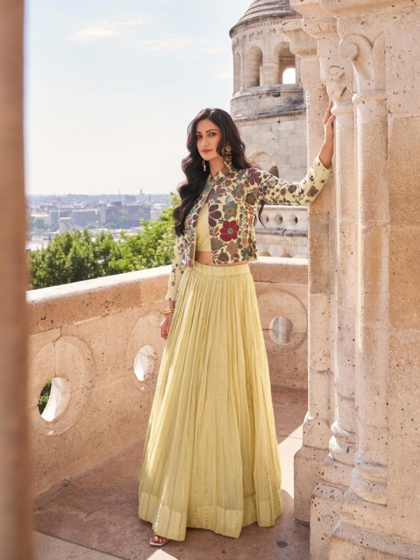 Viscose Chinon Silk Fabrics Party Wear 3 Peace Set In Light Yellow Color With Embroidery Work