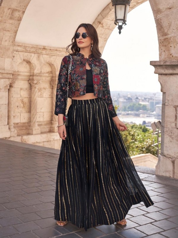 Viscose Chinon Silk Fabrics Party Wear 3 Peace Set In Black Color With Embroidery Work