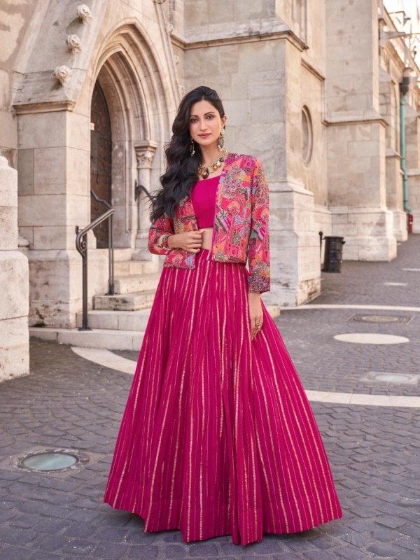 Viscose Chinon Silk Fabrics Party Wear 3 Peace Set In Pink Color With Embroidery Work