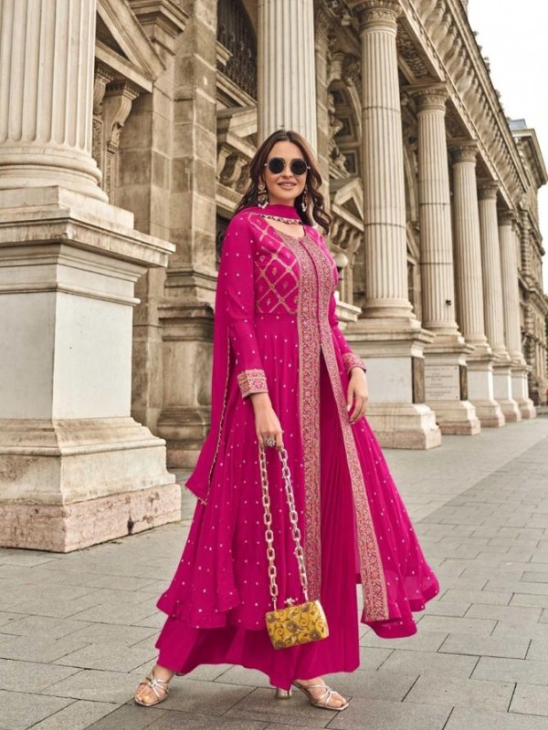Viscos Jacquard Silk Fabric Party Wear Suit in Pink Color with Embroidery Work