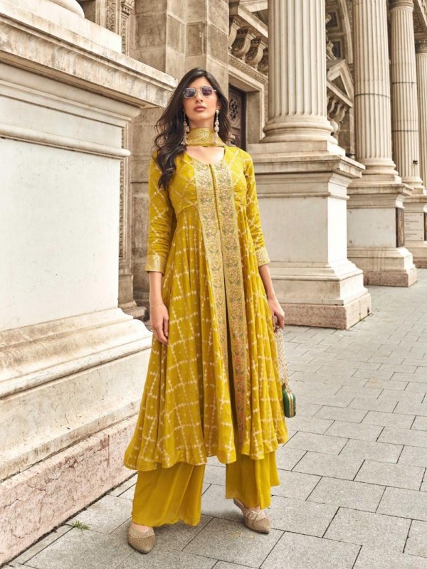 Viscos Jacquard Silk Fabric Party Wear Suit In Yellow Color with Embroidery Work