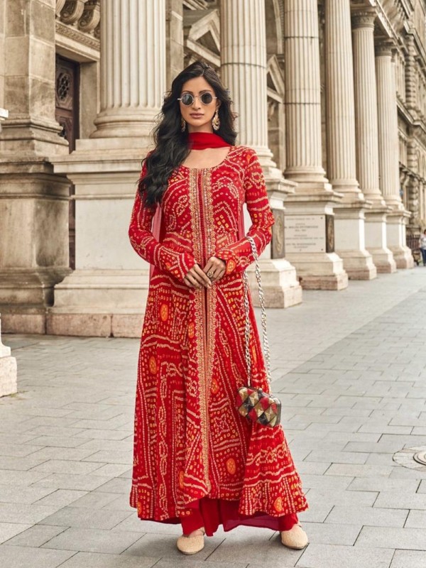 Viscos Jacquard Silk Fabric Party Wear Suit In Red Color with Embroidery Work