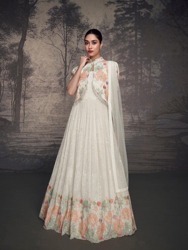 Real Georgette Party Wear Gown Off White Color Color with Lucknowi Embroidery Work
