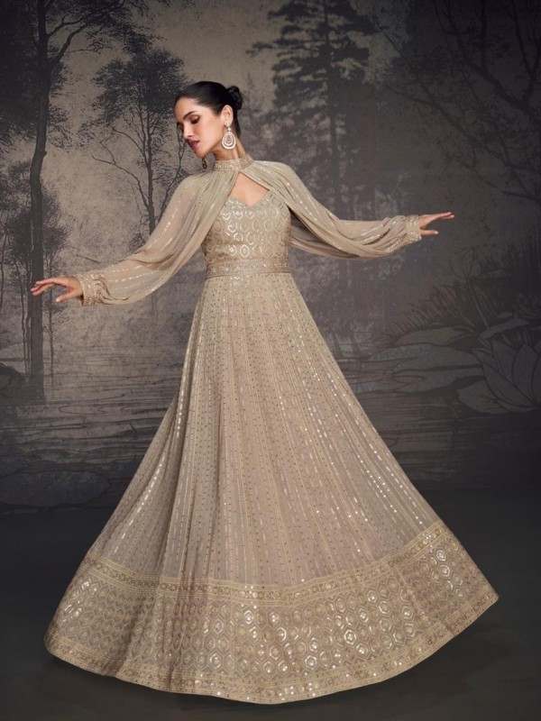 Real Georgette Party Wear Gown Beige Color Color with Lucknowi Embroidery Work