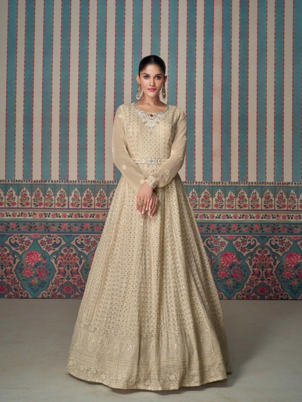 Real Georgette Party Wear Gown Cream Color Color with Lucknowi Embroidery Work