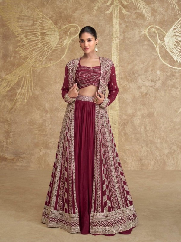 Pure Chinon Fabrics Party Wear 3 Peace Set In Burgundy Color With Embroidery Work