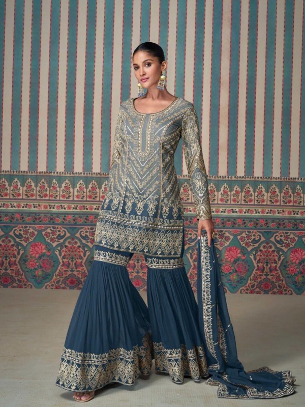 Pure Georgette Silk Party Wear Sharara Blue Color with Embroidery Work