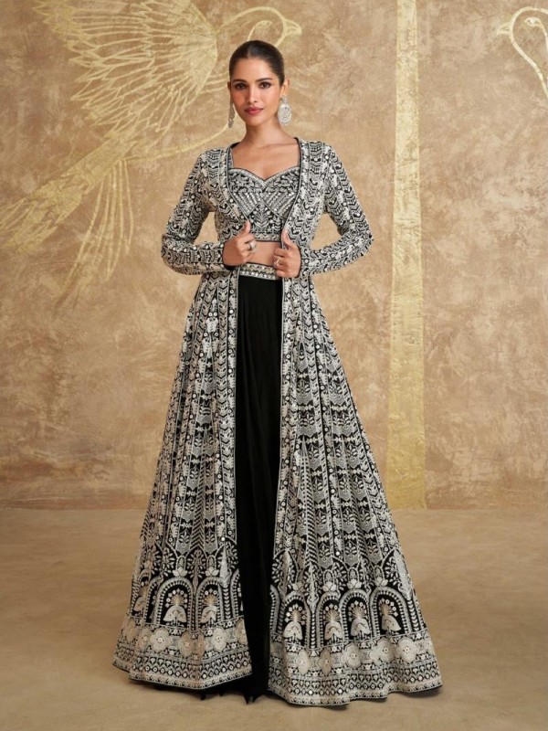 Pure Georgette Party Wear 3 Peace Set Black Color Color with Embroidery Work