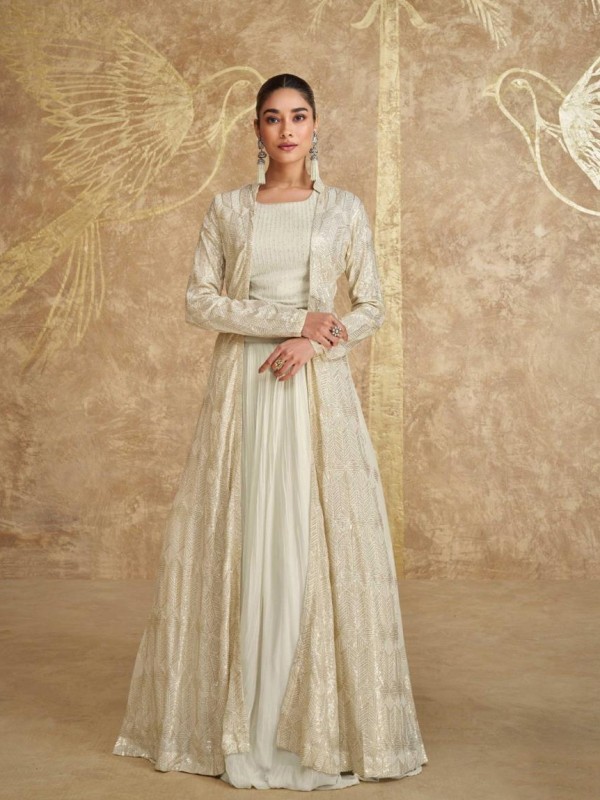 Pure Georgette Party Wear 3 Peace Set Cream Color Color with Embroidery Work