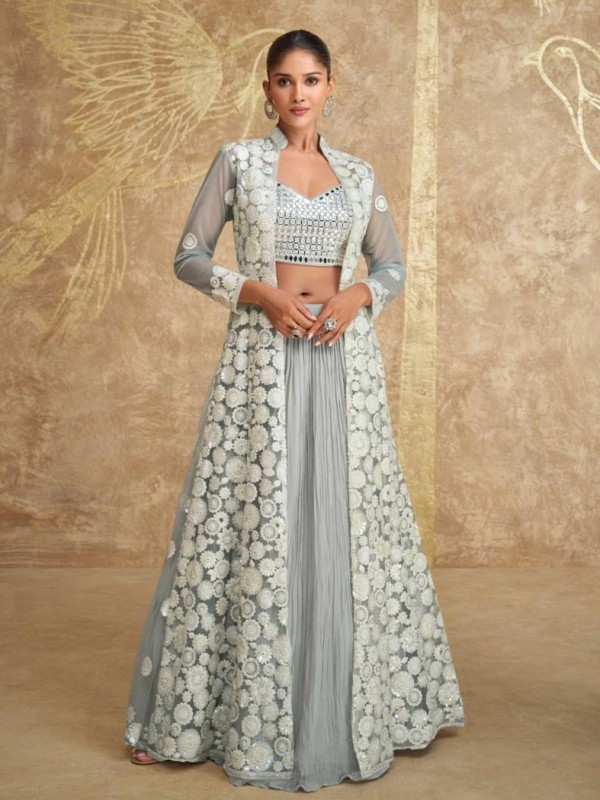 Pure Georgette Party Wear 3 Peace Set Light Grey Color Color with Embroidery Work