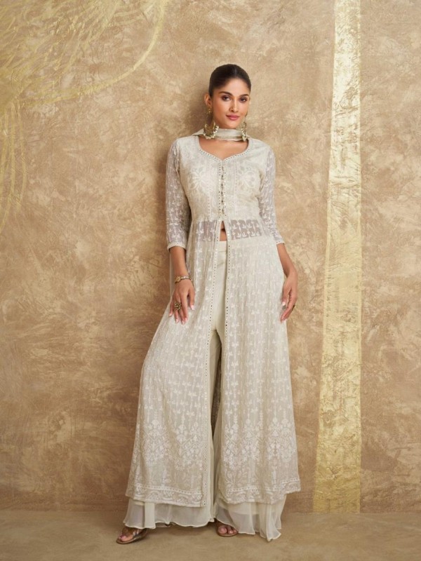Pure Chinon Silk Party Wear Sharara Off White Color with Embroidery Work