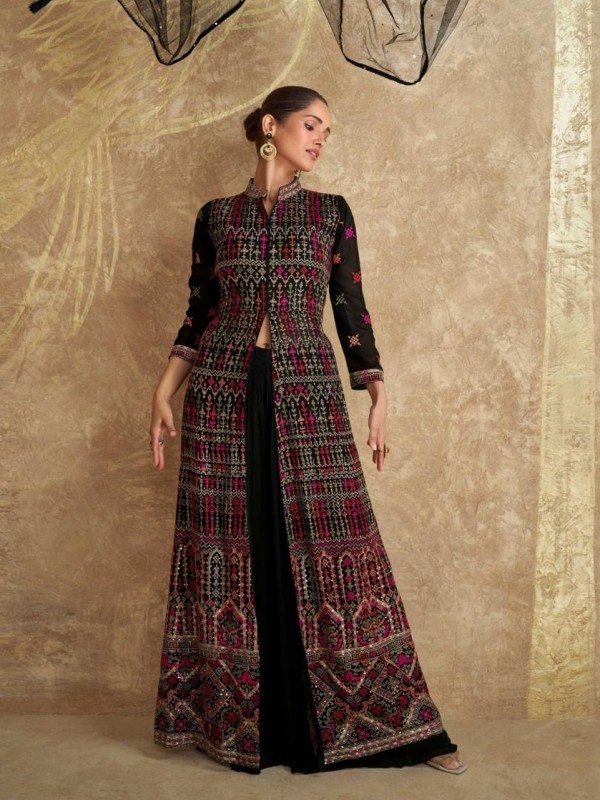 Pure Chinon Silk Party Wear Sharara Black Color with Embroidery Work
