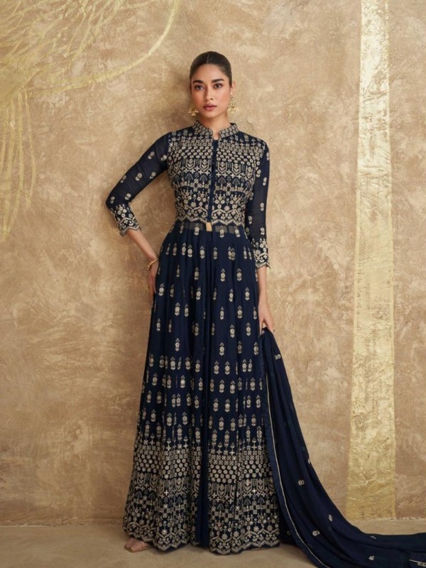 Pure Georgette Silk Party Wear Anarakali Suit Blue Color with Embroidery Work